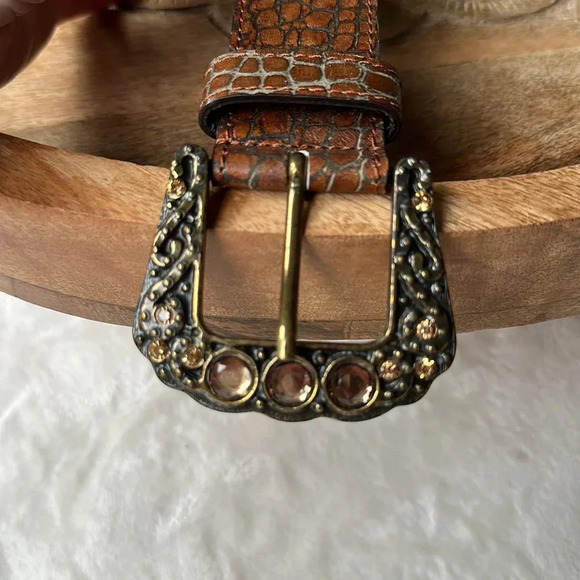 BERGE Croc Embossed Belt Leather Brown Embellished Buckle, Size Small - Picture 4 of 15